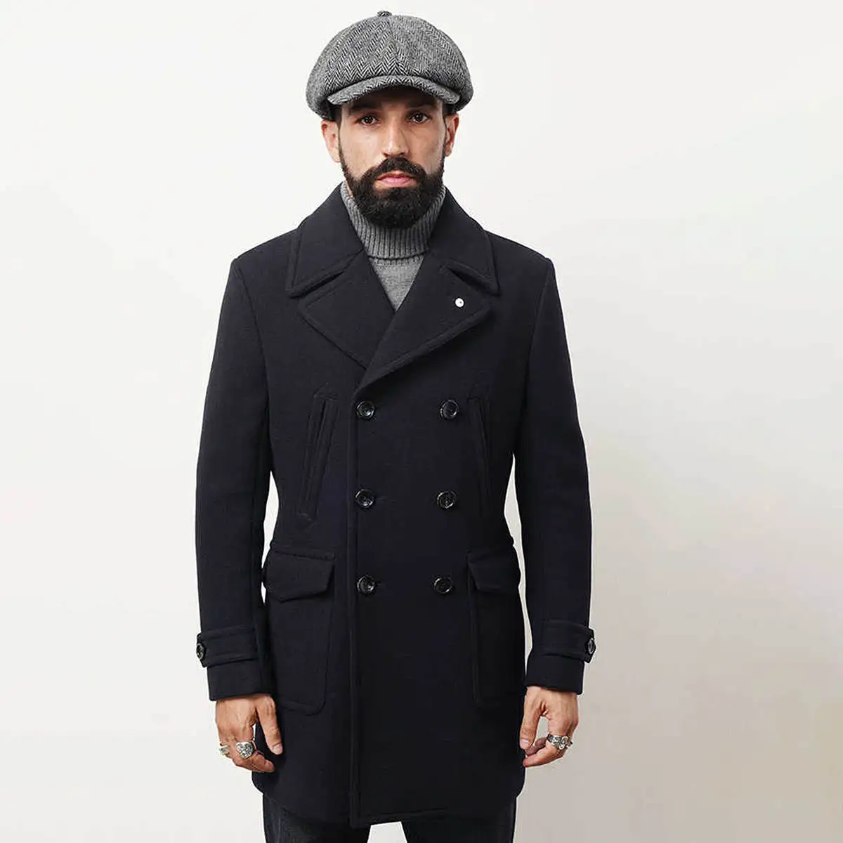 Men Long Overcoat Dark Navy Casual Woolen Jacket Wedding Tuxedos Winter Wear