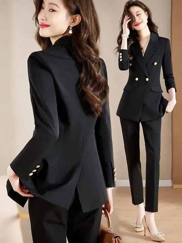

High-End Brand Black Suit Jacket Two-Piece Set for College Students Elegant Workwear Spring Autumn New Style Polyester Fiber