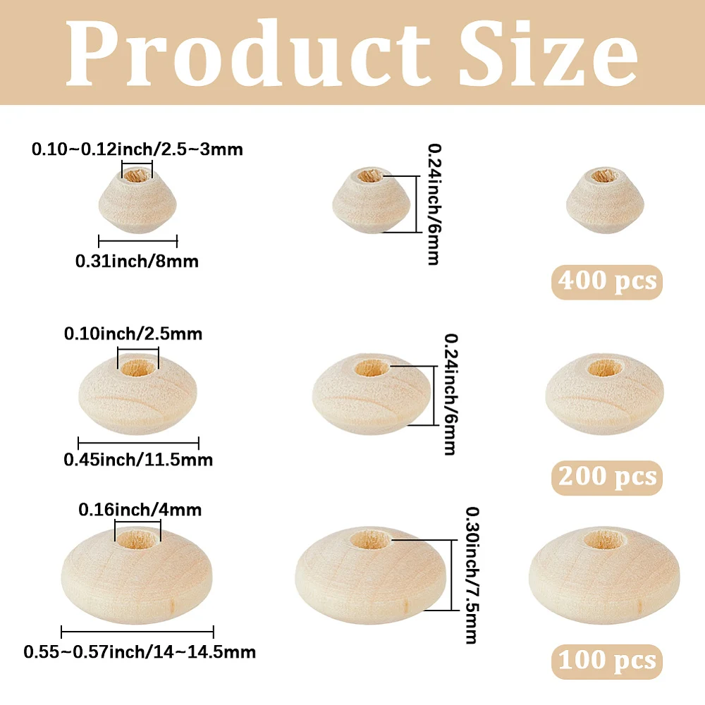 700PCS Wooden Abacus Beads with Large Hole Unfinished Wood Flat Rondelle Undyed Disc Assorted Spacer Loose Bead Bulk