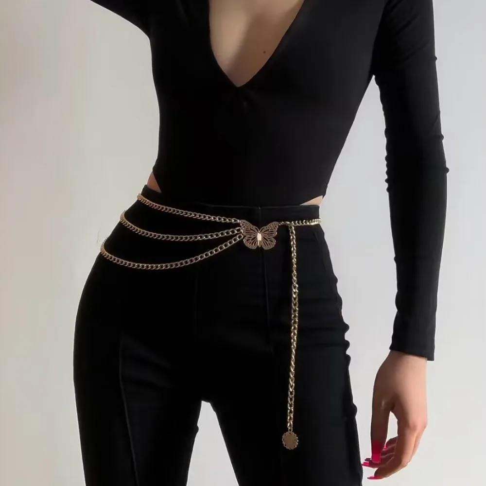 Elegant Waistbands Waist Chain Multi-Layer Gold Silver Body Chain Hollow Out Butterfly Dress Jeans Belts Ladies