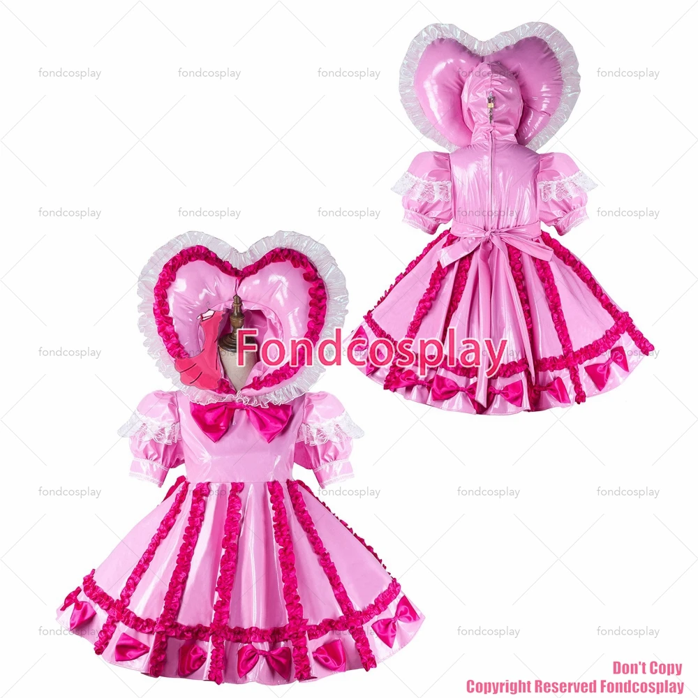 

fondcosplay adult sexy cross dressing sissy maid short baby pink thin pvc dress lockable Uniform Heart hood CD/TV[G2161]