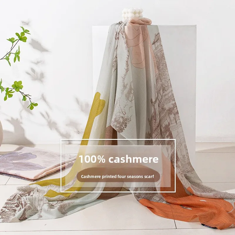 

New Luxury 100% Cashmere Printed Shawl Women Spring Autumn Scarf Fashion Lightweight Hijab Neckerchief Elegant Office Bag Scarf