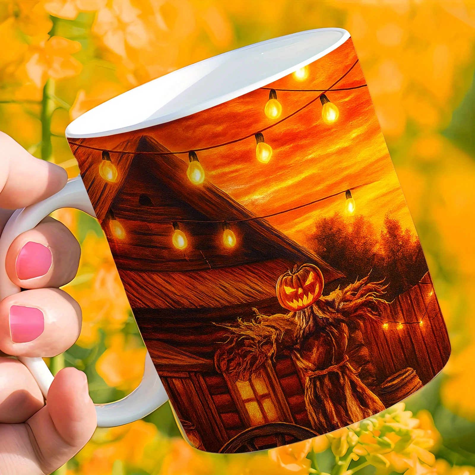 1pc 11oz Pumpkin Scarecrow Mug - Spooky Cute Scarecrow & Glowing Jack-o'-Lanterns Coffee Cup, Dishwasher Autumn Tea Cup for Hot/Cold Drinks, Rustic Farmhouse Gift for Halloween Party, Fall Kitchenware