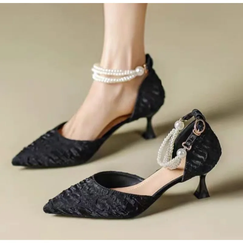 

2025 New Elegant Pearl-Embellished Satin Heels - 5cm Chunky Low Heel Bridal Shoes with Adjustable Ankle Strap Pumps