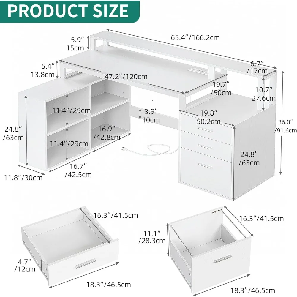 L geformter Schreibtisch mit 3 Schubladen, 65 "Eck computer tisch mit Steckdosen und LED-Leuchten, l-förmiger Schreibtisch mit Akten schrank