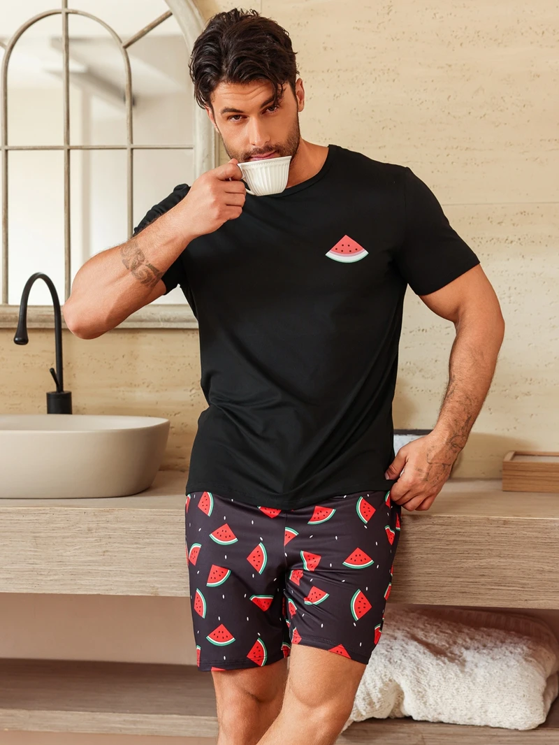 

Мужской повседневный пижамный комплект с буквенным принтом, футболка с круглым вырезом и короткими рукавами и эластичные шорты, удобная одежда для сна, домашняя одежда, пижамы