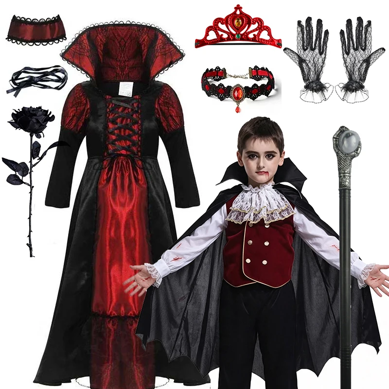 Girls Boys Vampire Halloween Costume Gothic Dark Court Style Ghost Bride Witch Themed Carnival Holiday Cosplay Dresses Capes