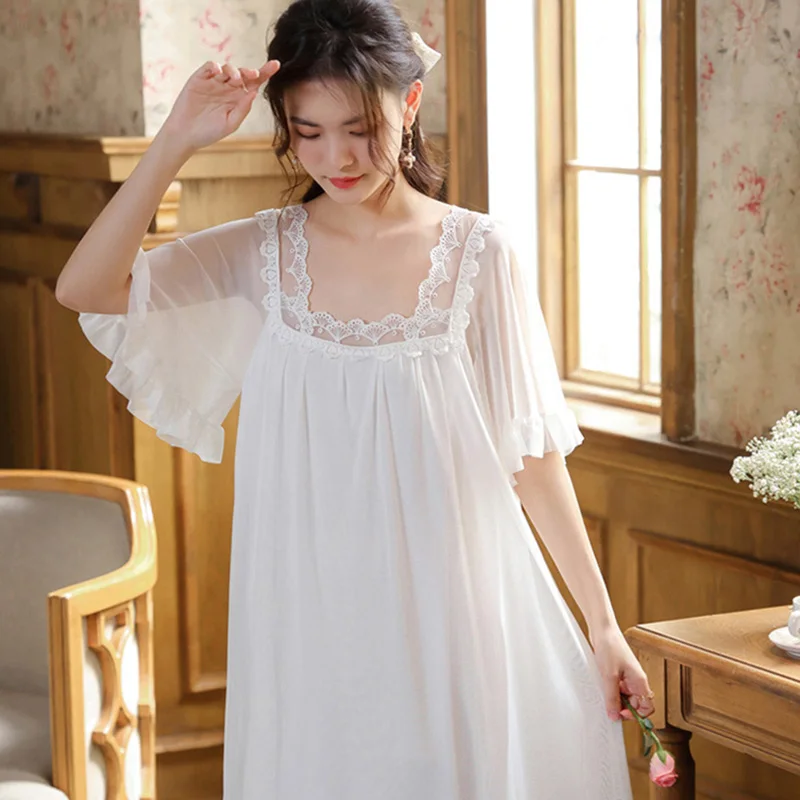 

Женская летняя ночная сорочка с коротким рукавом, сетчатая, с вышивкой, свободного кроя, кружевная, в стиле принцессы