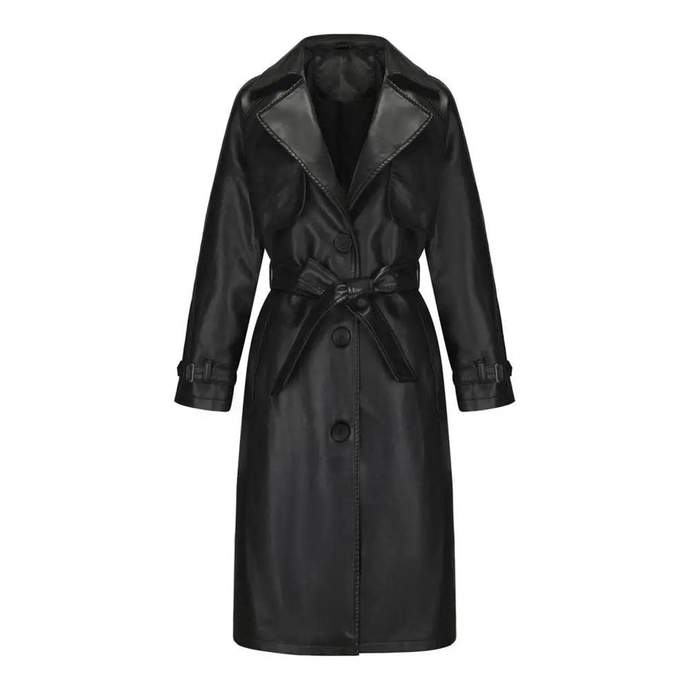 Fall Women Coat Faux Leather Lace-up Belted Waist Button-down Turn-down Collar Outdoor Jacket