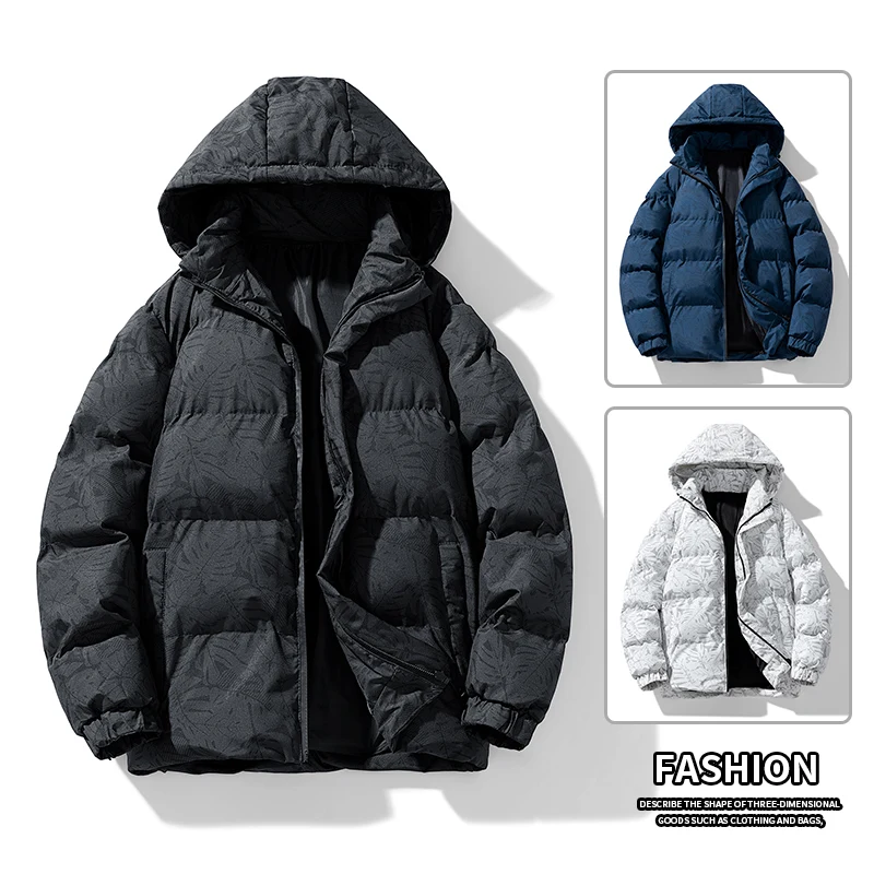 Men's Coat Winter Cotton Padded Jacket Korean Version with Hood Warm Leaf Print Camouflage Thickened and Down Down Cotton Padded