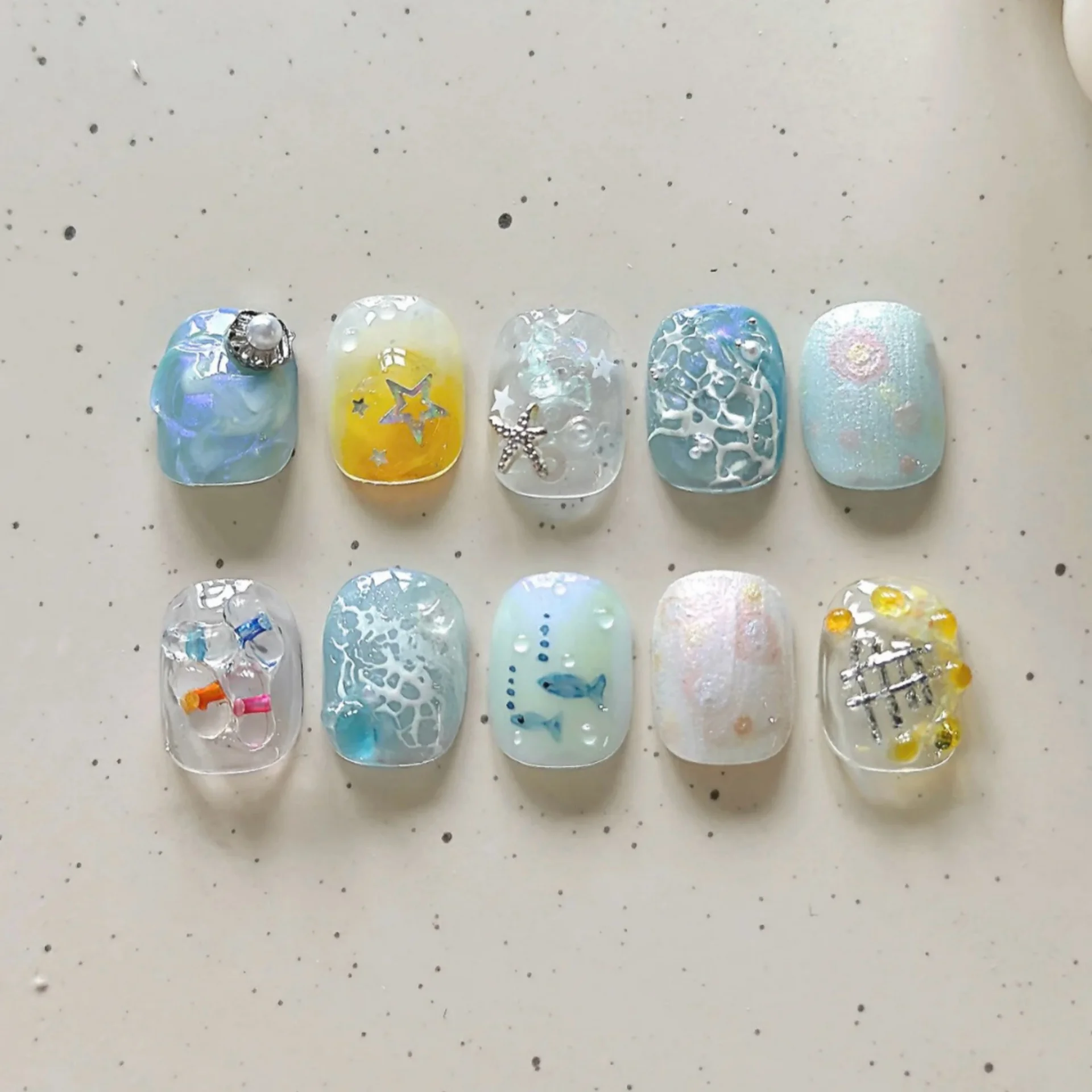 10pcs Short Square Handmade False Nails Tips Fantasy Glitter Cat's Eye Blue Press on Nails Sets Seashell Design Fake Nail Art