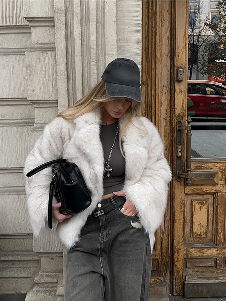 Women Chic Oversized Lapel Gradient Fluffy Fur Coat Autumn Winter Casual Long Sleeve Thick Warm Jacket 2024 Lady High Streetwear