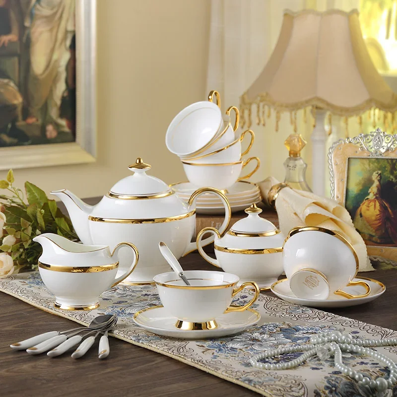 

Gold Inlay Bone China Tea Set Europe Ceramic Coffee Porcelain Cup Pot Teapot Teacup Sugar Bowl Milk Jug Ceremony Teaware