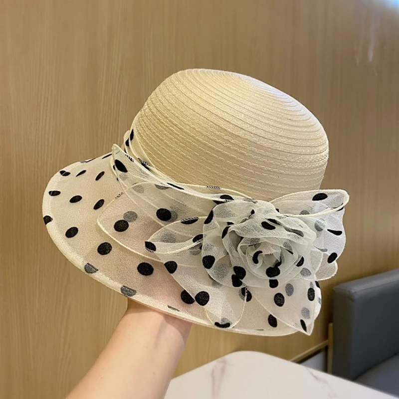 Polka Dot Organza Flower Wide Brim Bucket Hat Elegant Straw Weave Sun Bucket Hat for Women Summer Beach Wedding Party Cap