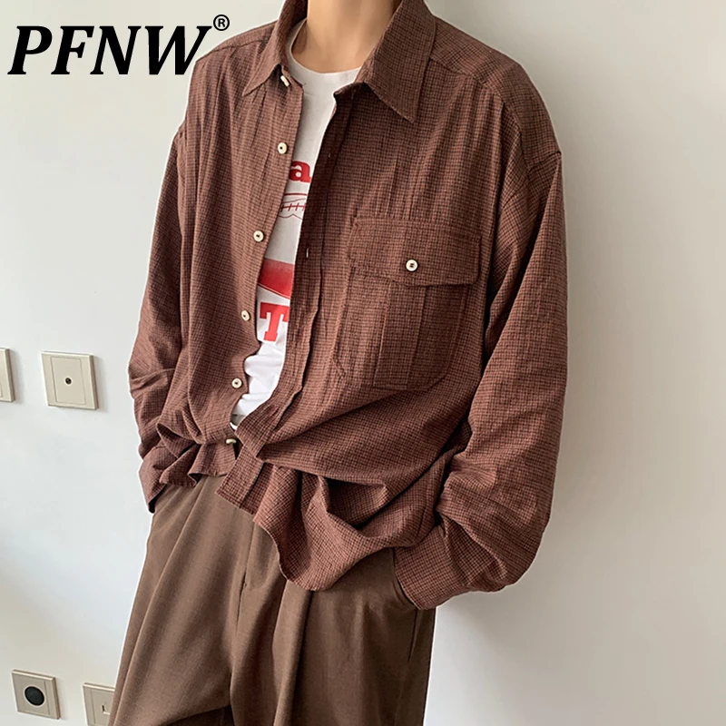 

PFNW Red Plaid Lapel Long Sleeve Shirts For Men Trend Autumn Pocket Decoration Tops Loose Casual Single Breasted Clothes 12C1571