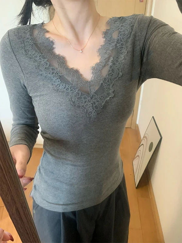 Pure Desire Spitzenbesatz Brustpolster V-Ne Long Sve Strickpullover Damen Winter Slim Fit Base Giic Gut aussehendes Top