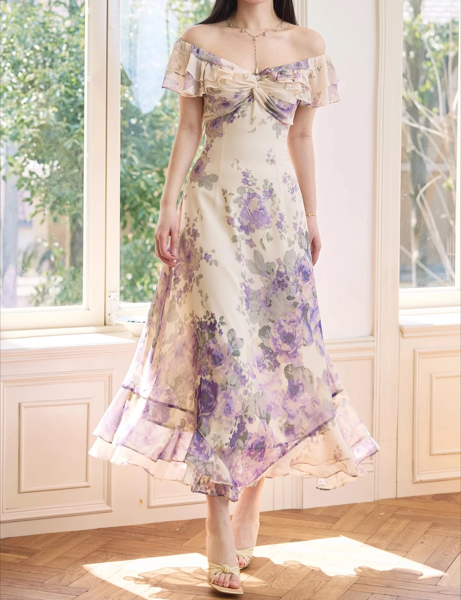 

Purple Printed Ruffle Elegant Dress Women V-neck Summer Streetwear Chic Clothing Lady Sleeveless Party Vestidos Bodycon