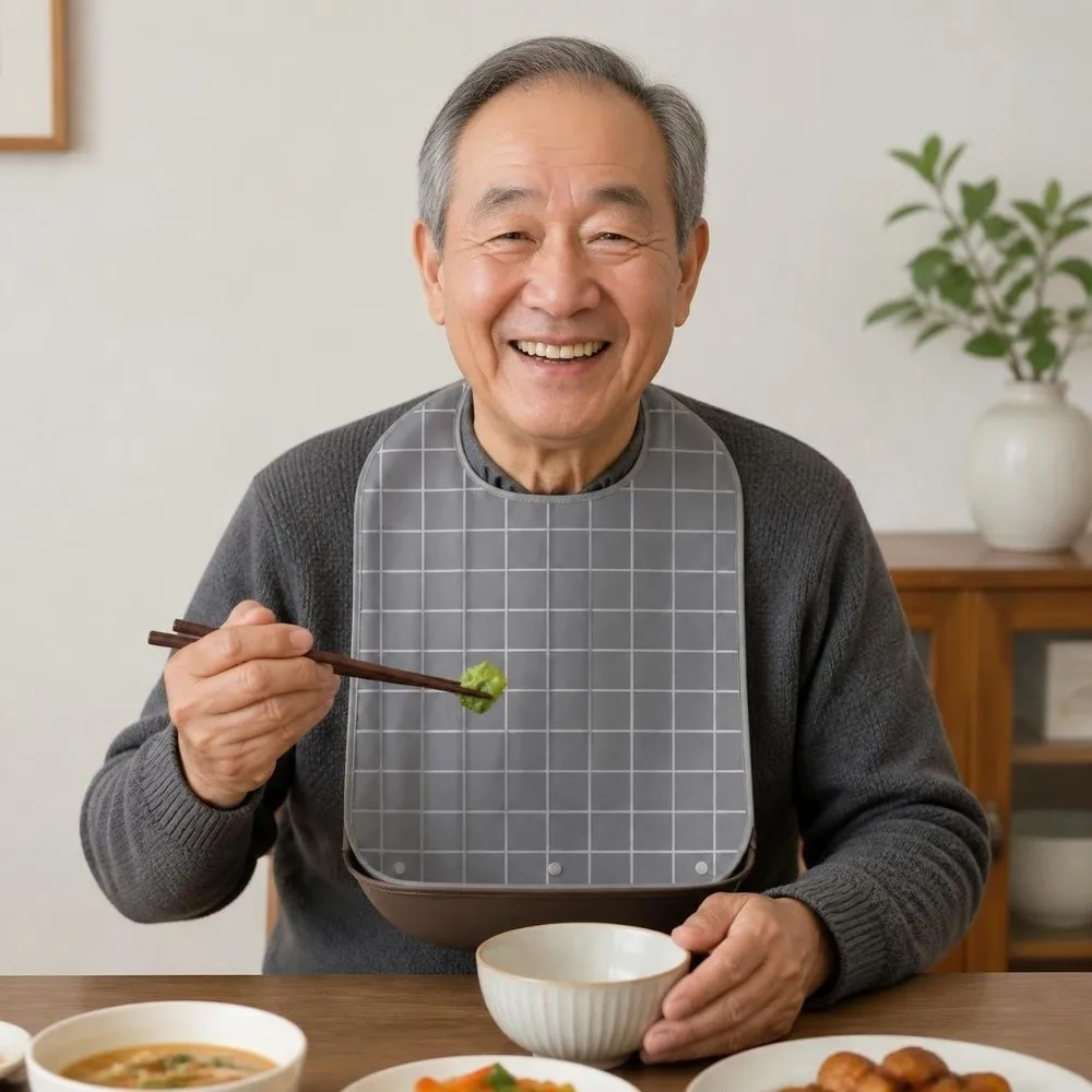 Waterproof Elderly Bib Large Size Washable Eating Smock Stain Resistant Plaid Pattern Adult Feeding Bib Bedridden Patients