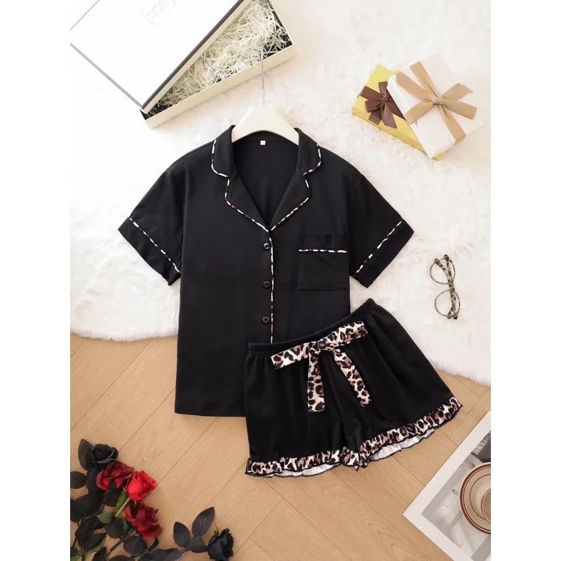 Charming Ruffle Hem Women‘s Silky Smooth Loungewear Set, Short Sleeve & Shorts with Elastic Waist, Breathable Lightweight Summer