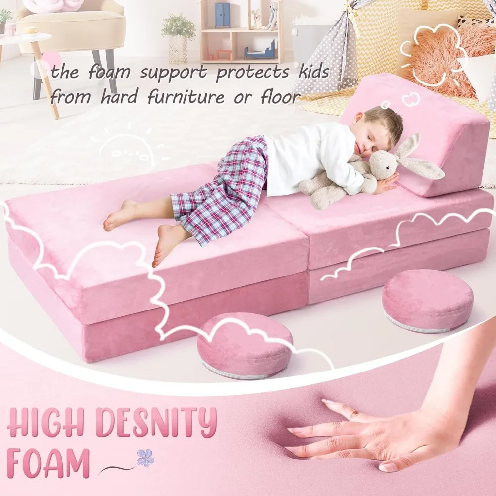 طقم أريكة لعب للأطفال مكون من 10 قطع، أريكة للأطفال الصغار، أريكة معيارية للعب والراحة (وردي) #6