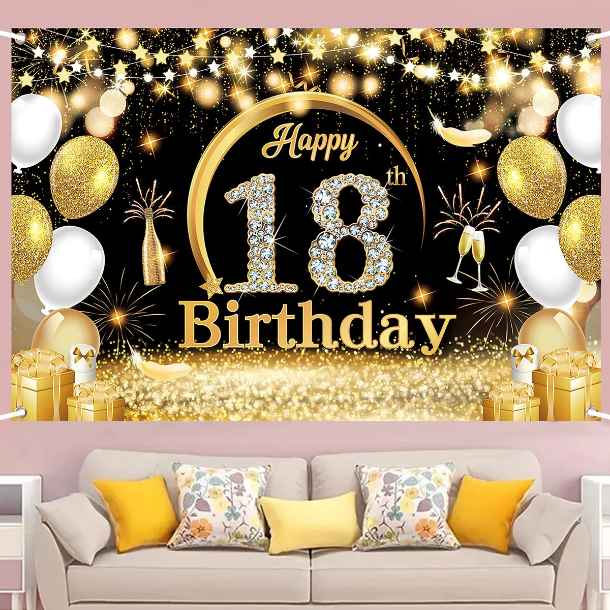 Gold Black Birthday Backdrop Happy 18th 70th Birthday Party Decoration Gold Glitter Birthday Decoration Adult Birthday Decor