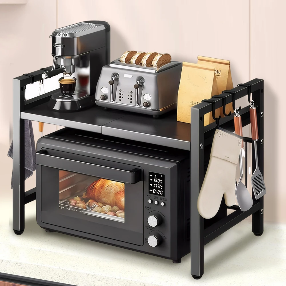 

Раздвижная подставка для микроволновой печи, сверхпрочная, регулируемая по высоте, с 6 крючками, для дома и офиса