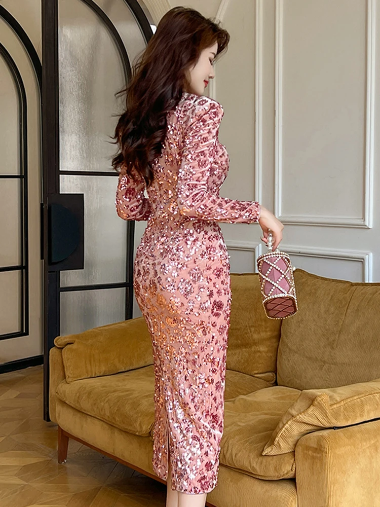 Autumn Casual Sweet Pink Velvet Sequin Evening Dress Women Clothes Elegant Retro Square Neck Skinny Midi Robe Party Prom Vestido