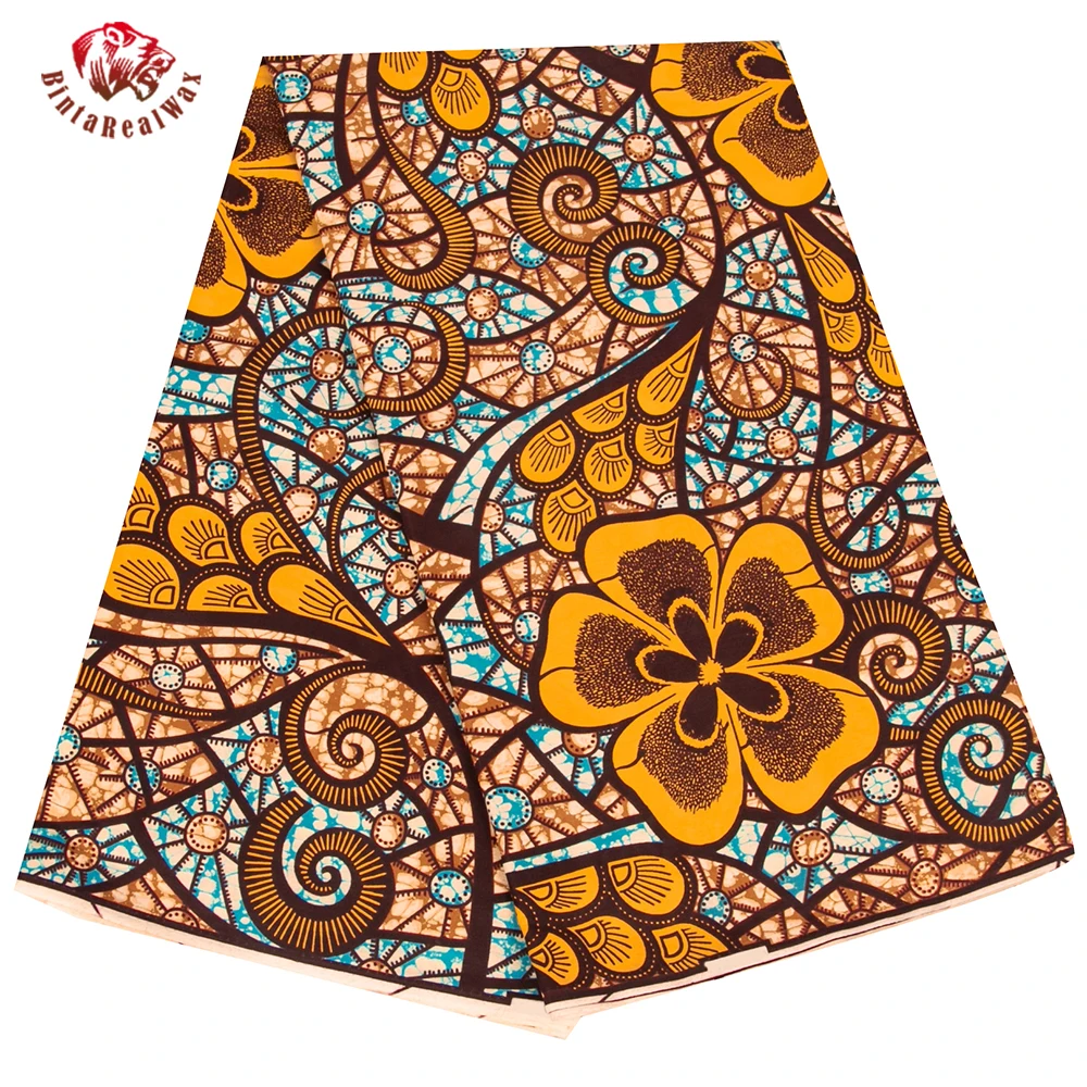 

BintaRealWax Patterned African cotton fabric Printed Wax Ankara Material Orange Floral party dress sewing cloth 24FS1535