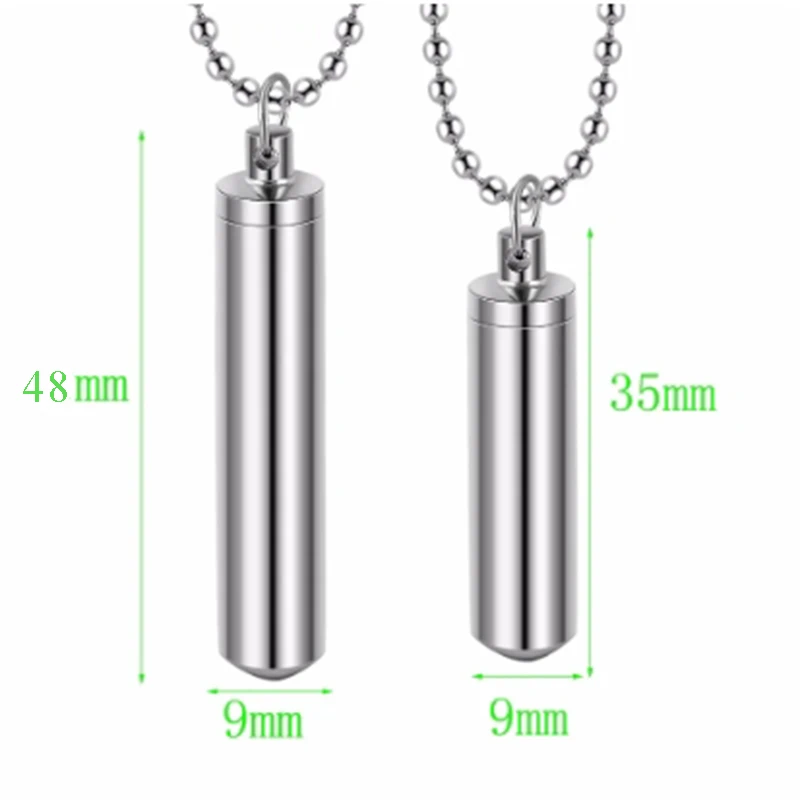 Men Stainless Steel Jewelry Pill Case Holder Cylinder Urn Pendant Memorial Necklace 2 Sizes Beaded Chain 20