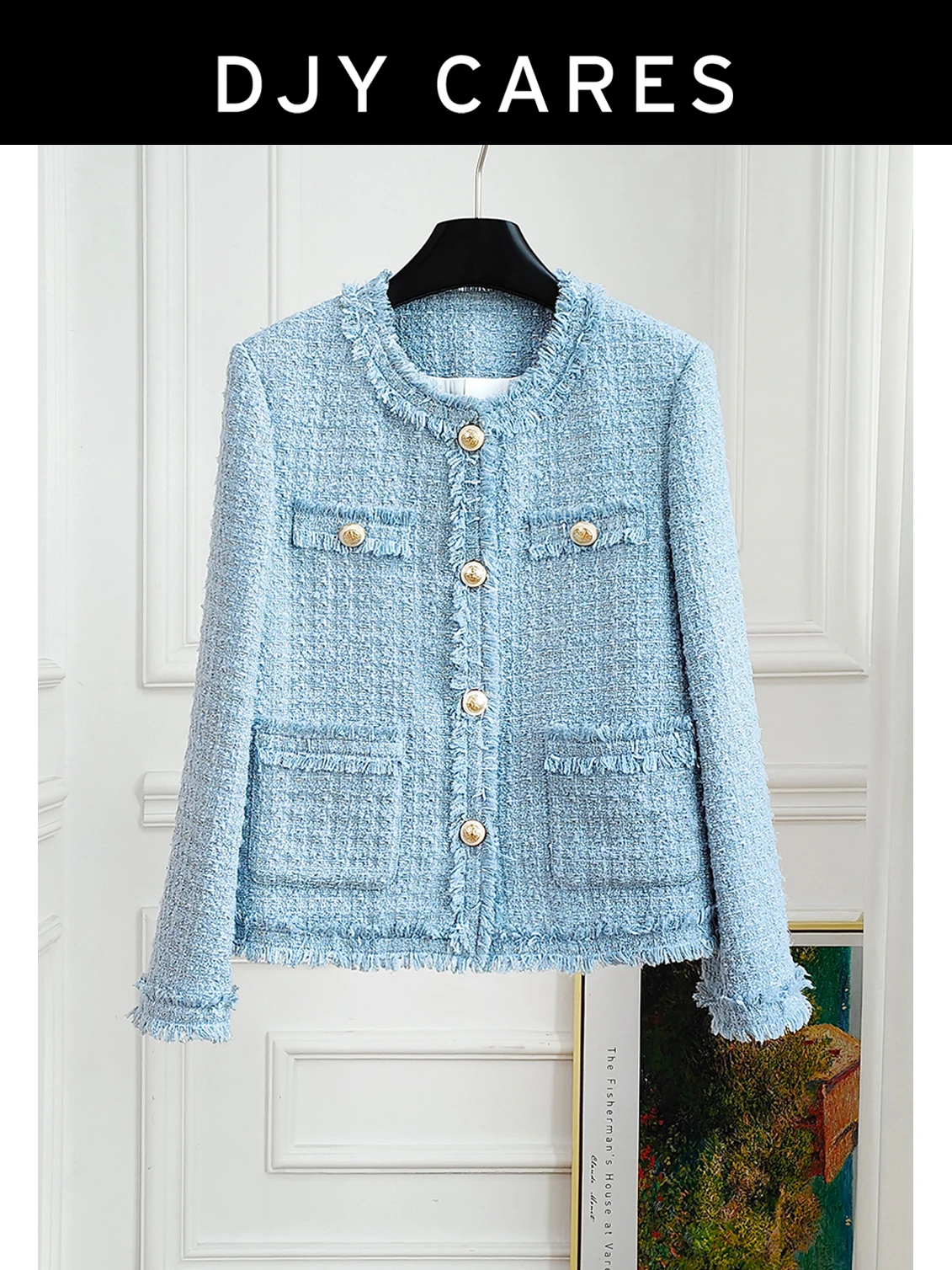 

New Bold tweed versatile tassel woven plaid single breasted tweed ice blue top big size