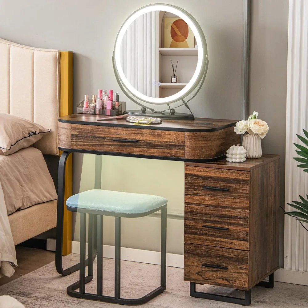 Makeup Vanity Table with Lights, Vanity Desk with 3 Color Lighted Mirror, Adjustable Brightness, Human Body Induction