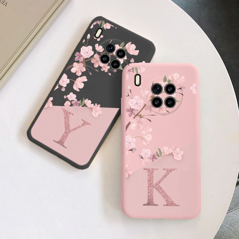 Initial Letter Silicone Case For Huawei Nova 8i Honor 50 Lite Shell Retro Pink Flower Soft TPU Back Cover For Honor 50Lite Capa