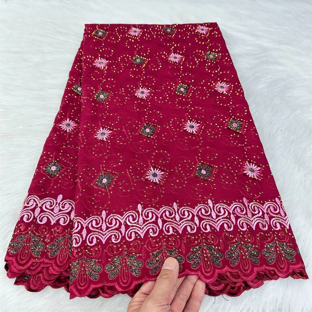 

African Swiss Voile Lace for Women, Cotton Fabrics, Embroidery with Stones, Party Dress, Wine, 5 Yards