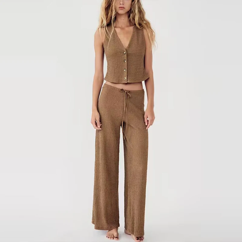 

Z 2025 Summer Women's Texture Vest Top Straight Leg Pants Two-Piece Set Polyester Fiber ort Sve V-Ne Button-Up