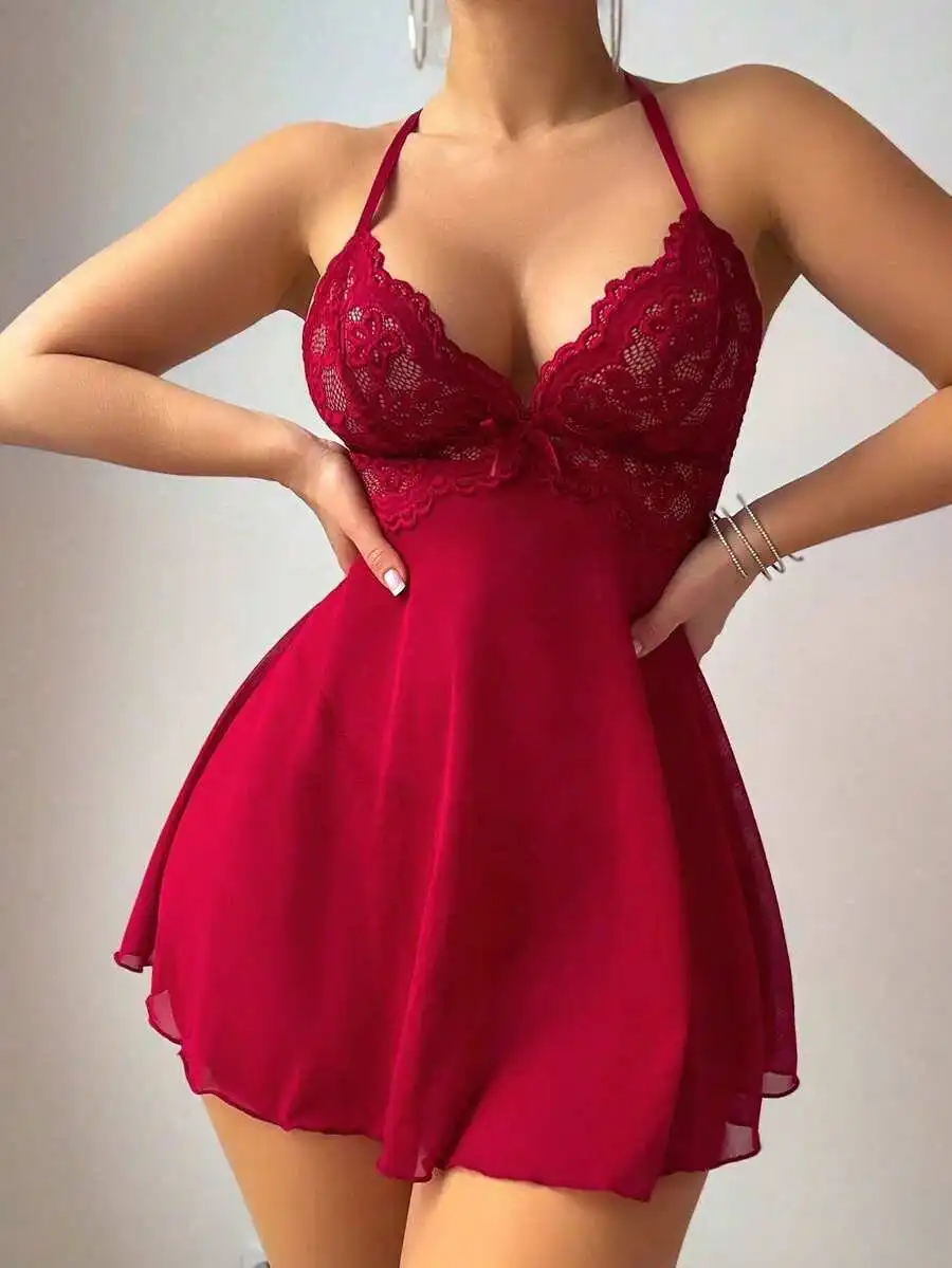 Red Lace Trim Sheer Mesh Chemise Nightgown for Women - Sleeveless Flared Dress Elegant Sleepwear