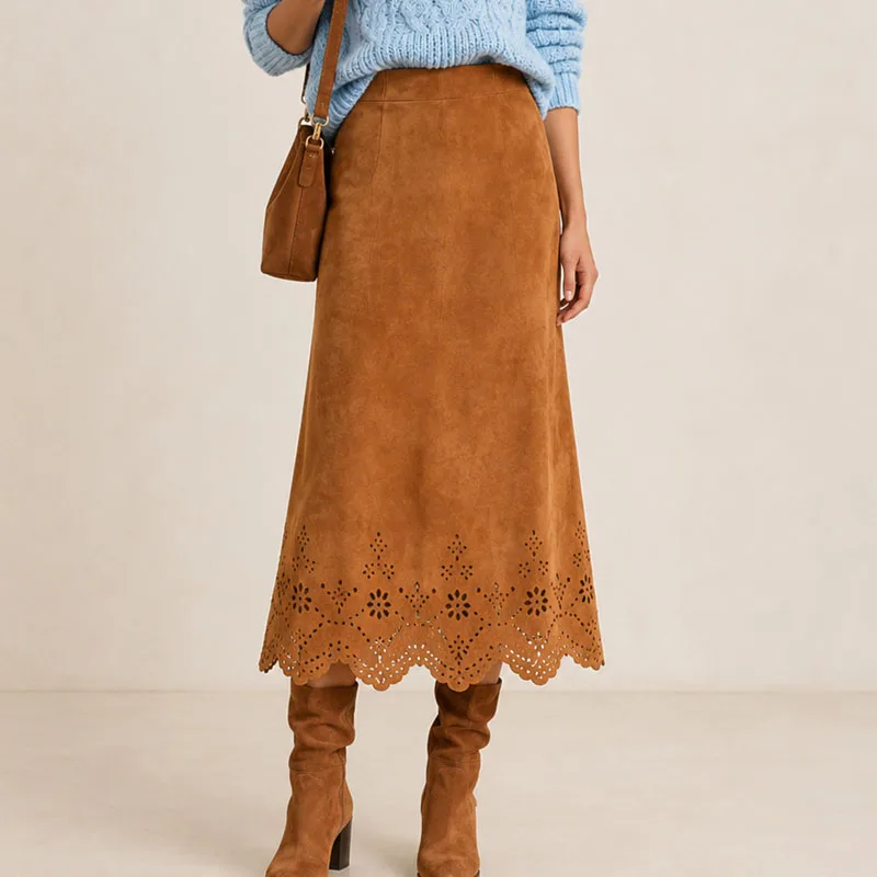 Greenora Retro Boho Solid Skirt Women High Waist Suede A‑Line Silhouette Floral Scalloped Hem Skirt Western Fall Winter Casual L