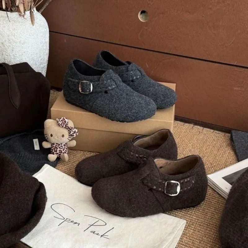 

Осень-зима, новые рабочие туфли во французском стиле на плоской подошве, женские туфли на одной подошве с мягкой подошвой, резиновая подошва с круглым носком