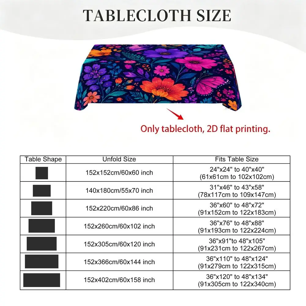 Vibrant Floral Butterfly Pattern Tablecloth - Navy Blue Background with Colorful Botanical Print, Rectangular, Durable Fabric, Elegant Dining Table Cover for Home Kitchen, Spring Summer Party, Wedding, Farmhouse Decor, Indoor Use