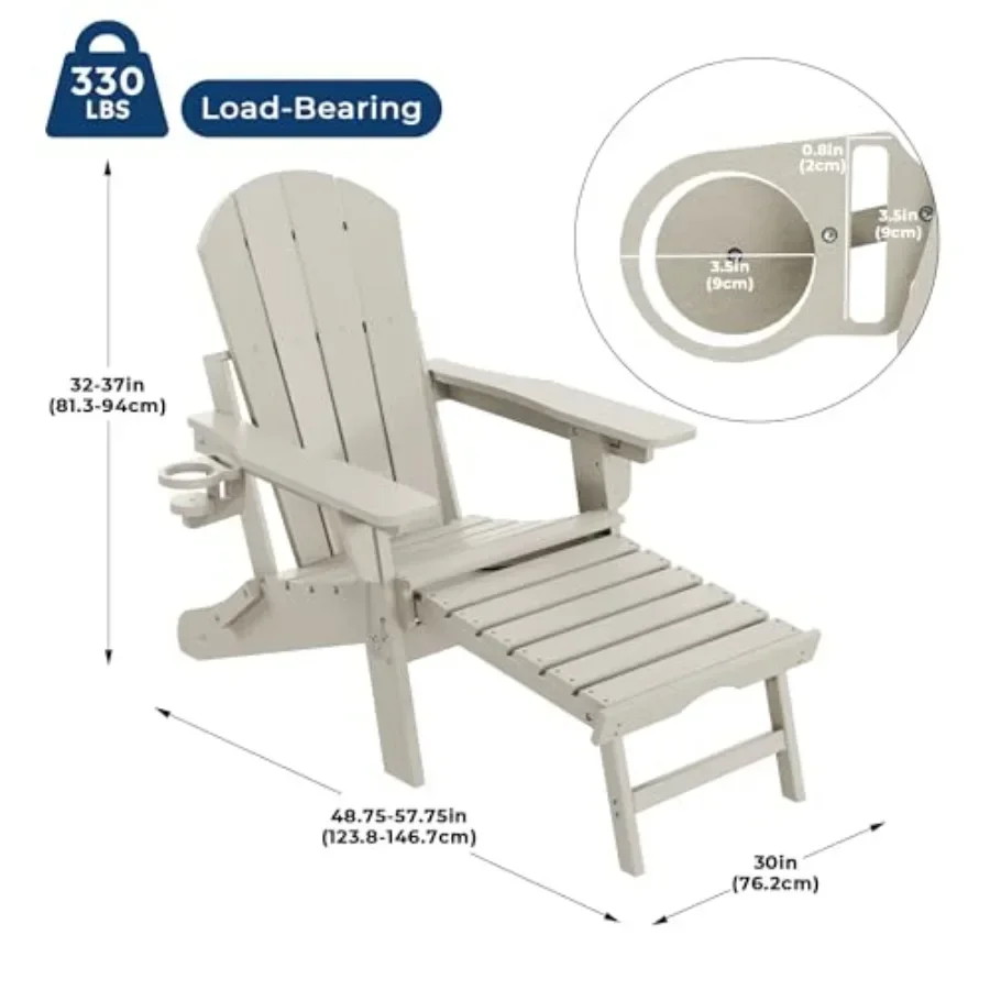 Outdoor Folding Adirondack Chair with Adjustable Backrest, Retractable Footrest, and Cup Holder, Made of Weather-resistant Poly