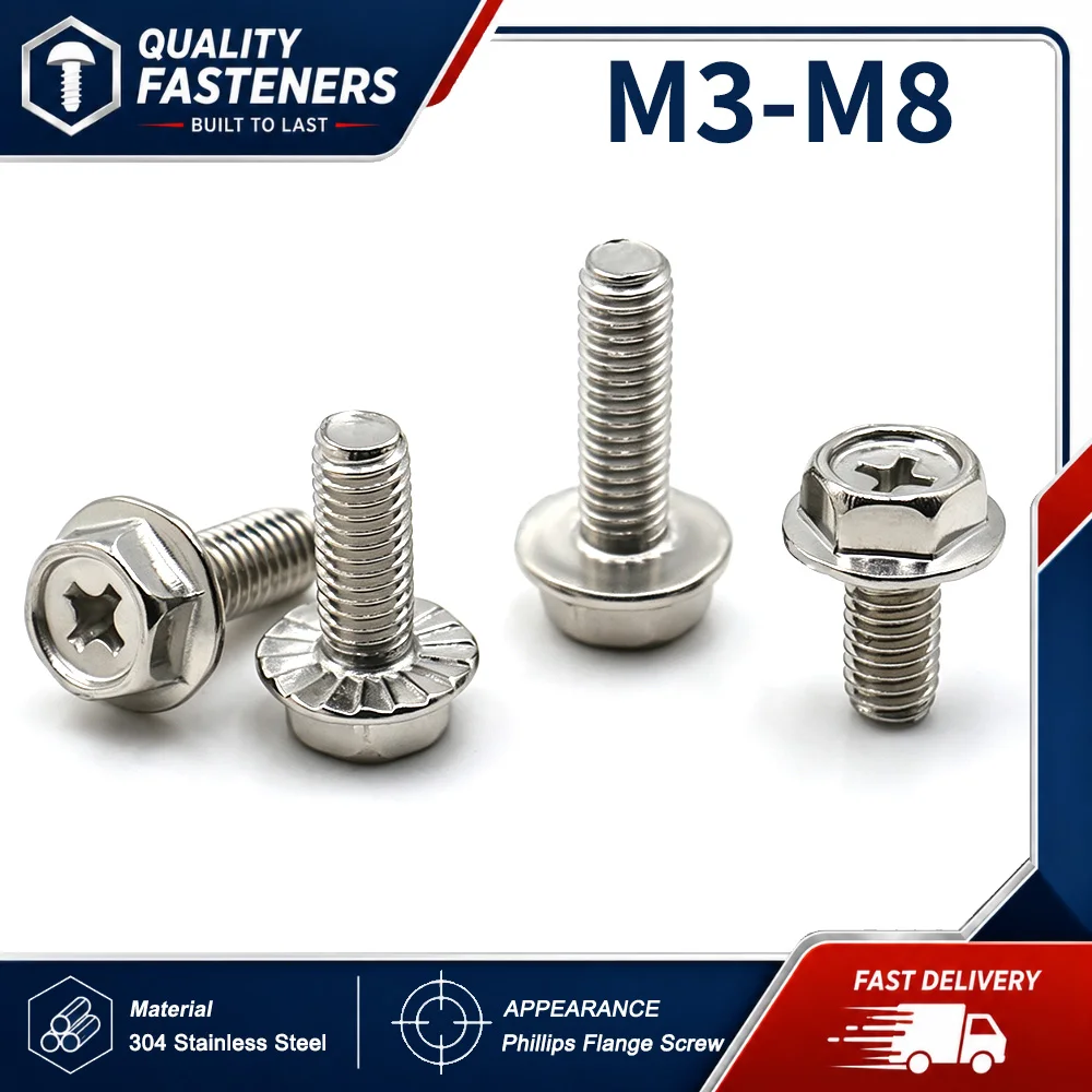 5~30pcs 304 Stainless Steel Cross Phillips Hex Flange Bolts Serrated Non-Serrated Non-Slip Washer Head Screws M3 M4 M5 M6 M8