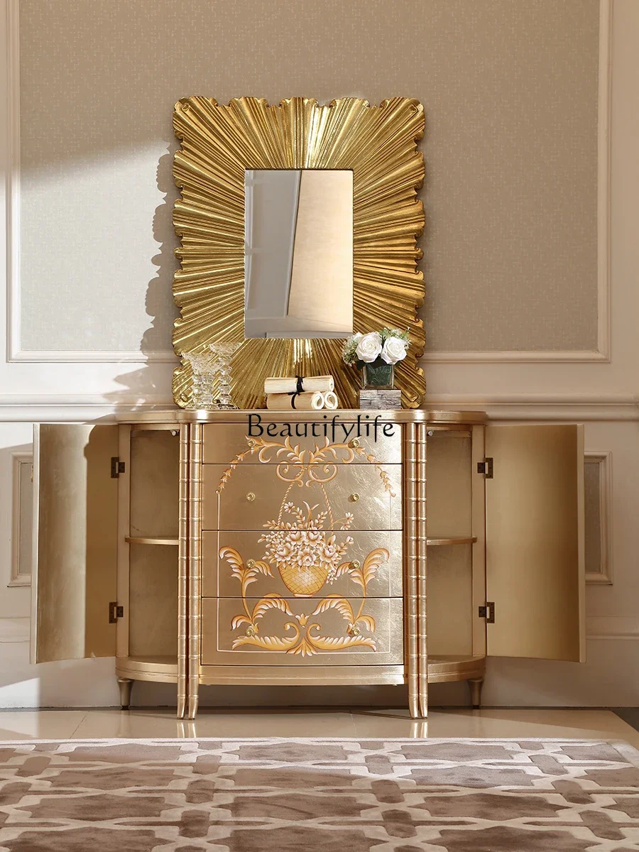 

ld 30French light luxury solid wood hand-painted bucket cabinet European champagne silver foil porch decorative locker