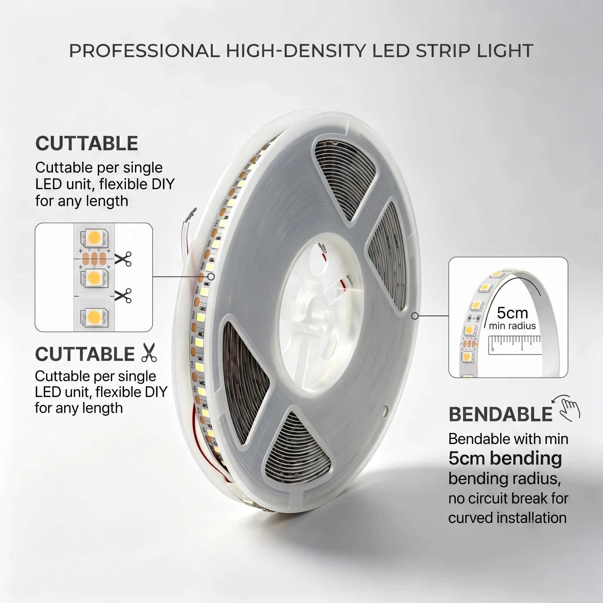 TATIBS DC12V 2835 high density LED strip cuttable per LED 5cm bendable cabinet hotel RV holiday decor Installation guide