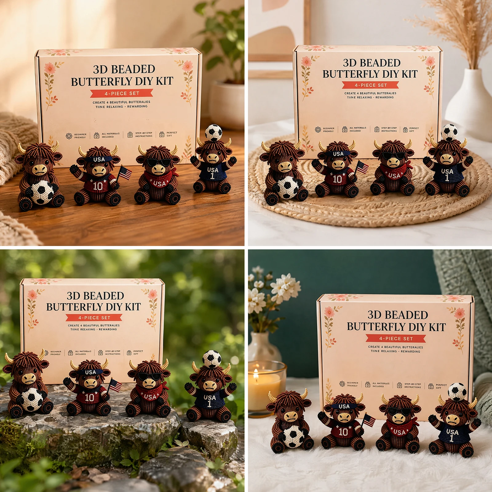 3D DIY Beaded Animal DIY Kit 4PCS Cute Highland Cow Handmade Bead Art Kit Beading Art Set Gift for Beginners & Craft Enthusiasts