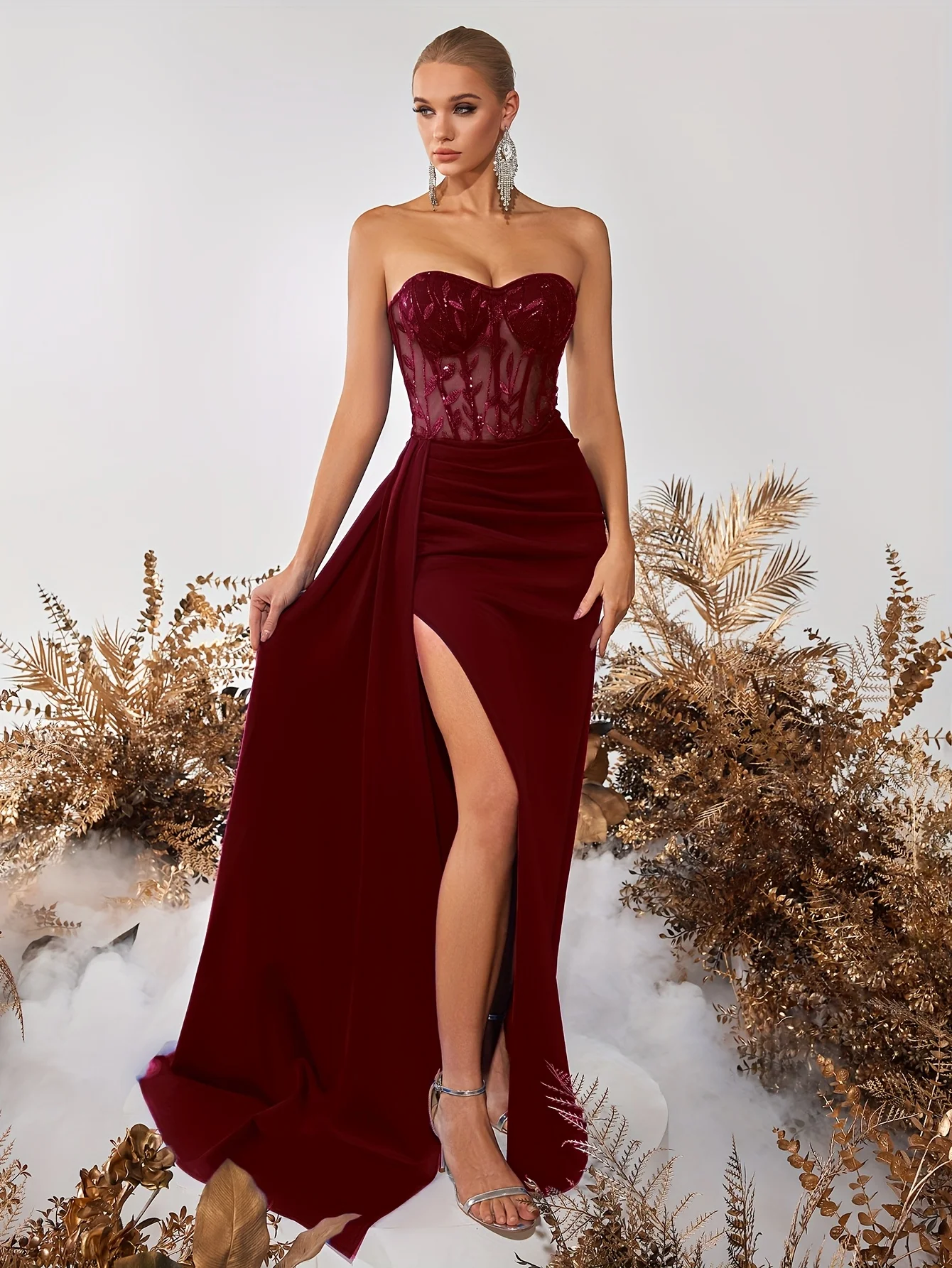 black silver formal dresses Portia and Scarlett Prom Dress PS25150 Ribbed Ruffle Accented Sweater Archive-Sale-March25 Color:Nude/Silver/Gold* Impeccably crafted with intricate