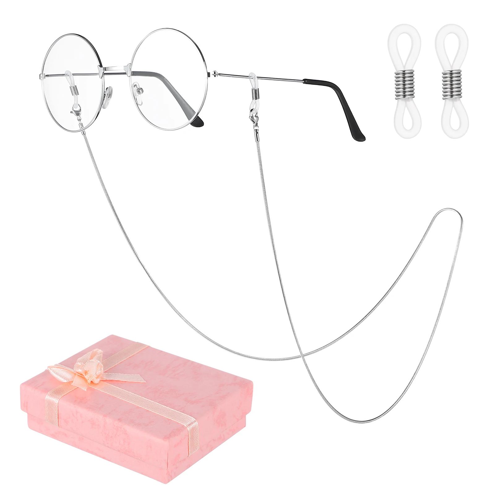 

Silver Stainless Steel Eyeglass Chain Holder 70cm Herringbone Snake Style Cord Rubber Ends Metal Coils Glasses Strap Non Fall