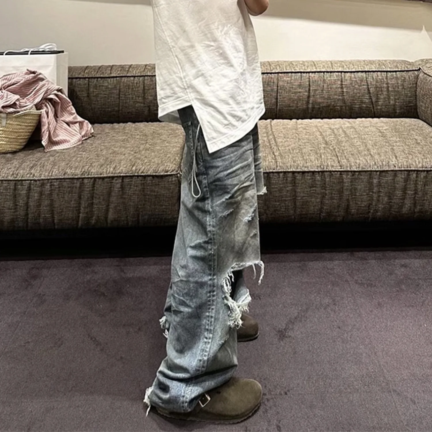 خمر ممزق الجينز الرجال النساء نفس النمط المتعثرة الدنيم السراويل غسلها الملمس القديم #4