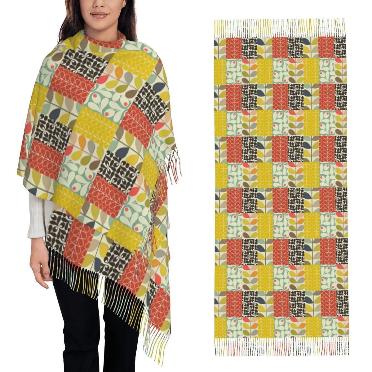 Orla Kiely Floral Scandi Retro Scarf Tassel Scarves Women Soft Warm Shawls and Wraps Large Fall Winter Shawl Wrap