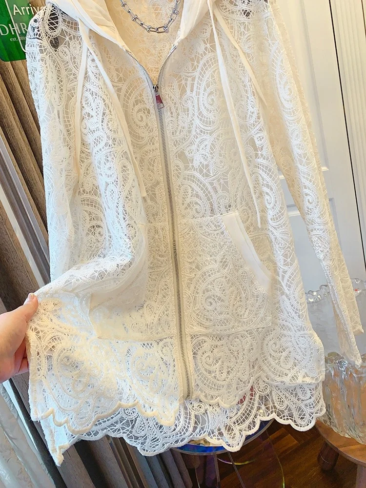 

Faionable Heavy Embroidery Lace Hollow out Hooded Cardigan Women's Summer New Sle Long Sve Top Versatile Sun Protection