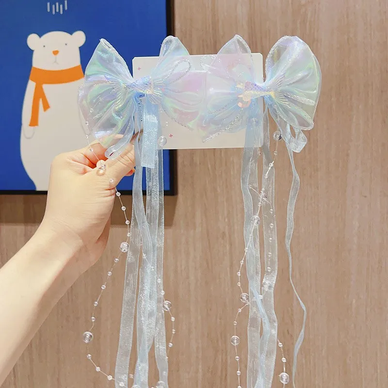 Kids Bow Mermaid Pearl Sparkly Colorful Style Tassel Hair Clips Girls Beach Theme Party Holiday Photo Shooting Hair Accessories