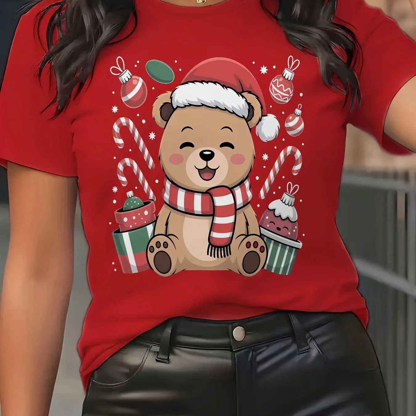 

3D Christmas Elements Little Bear Printed Women 's T-shirt Fashion Casual Short Sleeve Top X'mas Theme Oversized Female Clothing